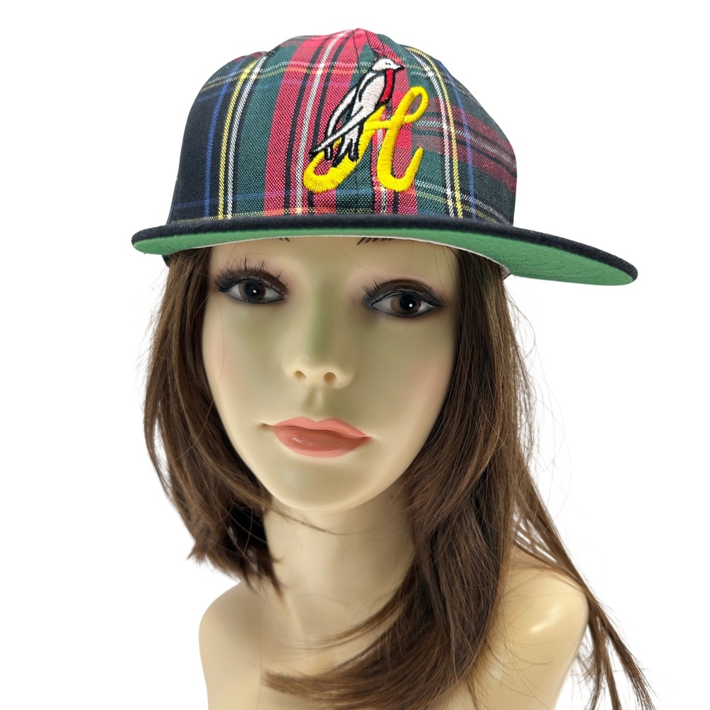 H Plaid Bird Baseball Cap Green Red Tartan Flat Brim Hat Leather Strap